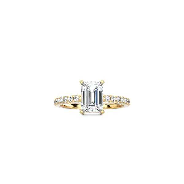 Emerald Cut Contemporary Four Prong Setting with pave band YG