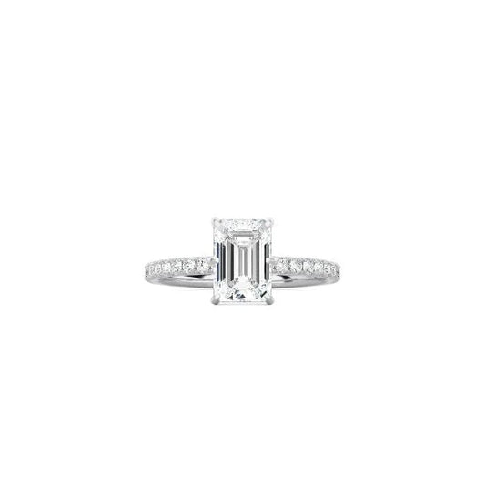 6 Prong Classic Emerald Cut Ring with Pavé Band WG