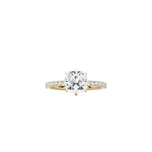 6 Prong Classic Cushion Cut Ring with Pavé Band YG