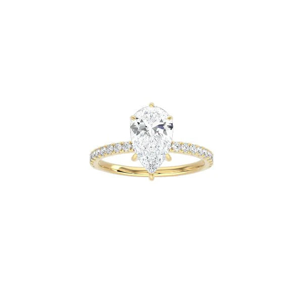 6 Prong Classic Pear Shape Ring with Pavé Band YG