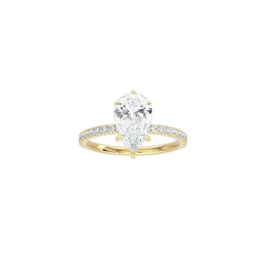 6 Prong Classic Pear Shape Ring with Pavé Band YG