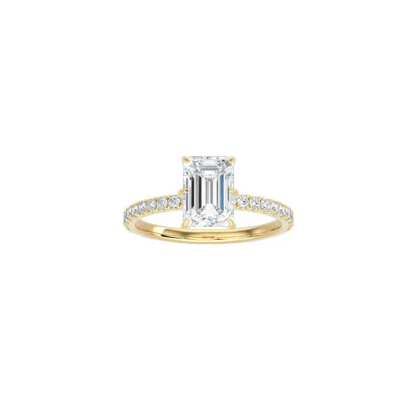 6 Prong Classic Emerald Cut Ring with Pavé Band YG