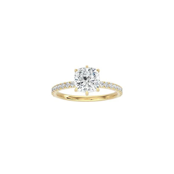 6 Prong Classic Cushion Cut Ring with Pavé Band YG
