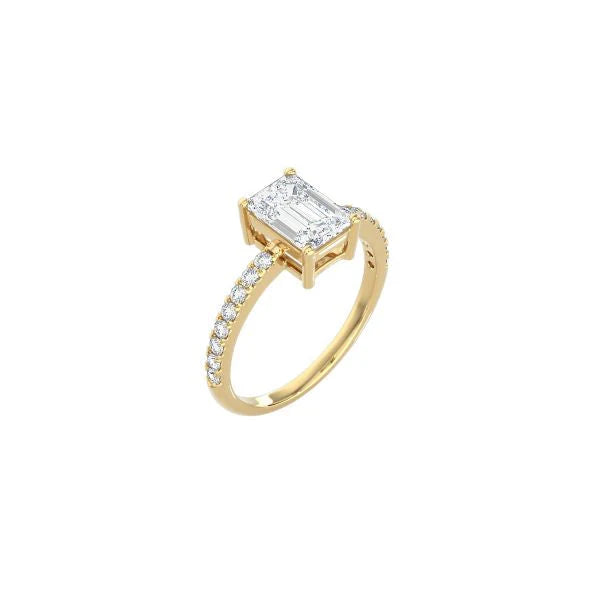 Emerald Cut Contemporary Four Prong Setting with pave band YG