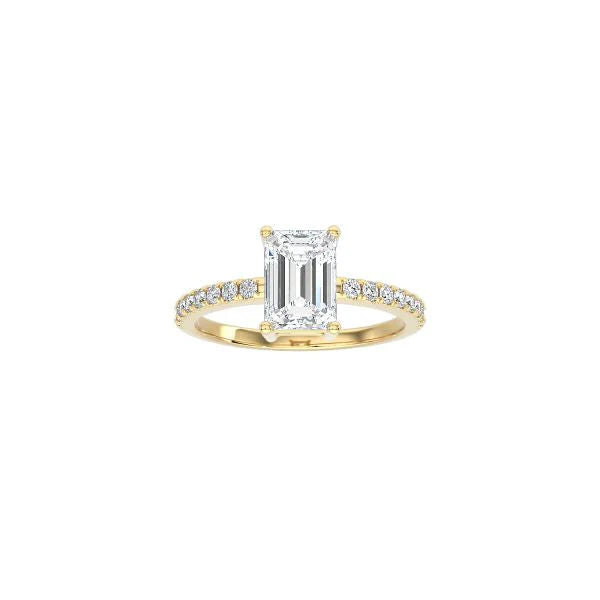 Emerald Cut Contemporary Four Prong Setting with pave band YG
