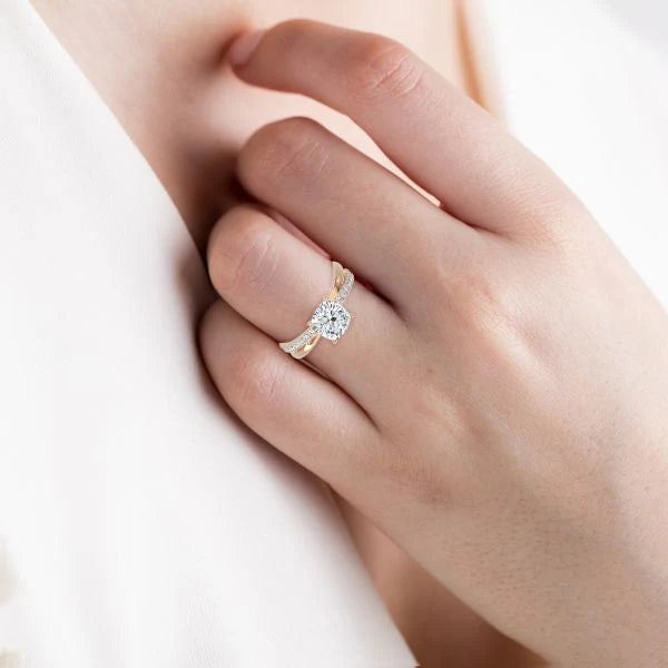Cushion Cut Diamond and Gold Cross Band RG